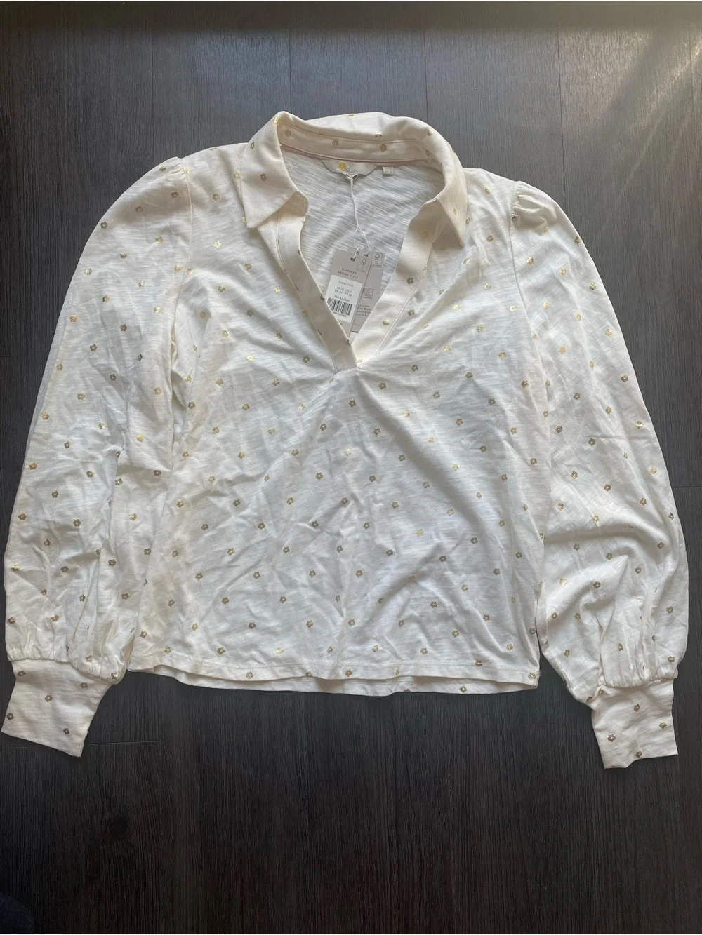 Boden 6 Collared Notch Neck Lightweight Cotton Blouse with Gold Polka Dots Med